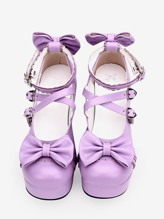 Blu navy Lolita Pony grosso tacchi scarpe piattaforma caviglia cinghie archi fibbie di forma del cuore