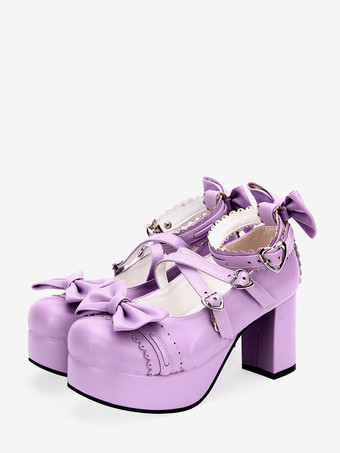 Viola Blu navy Lolita Pony grosso tacchi scarpe piattaforma caviglia cinghie archi fibbie di forma del cuore