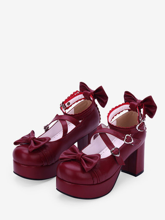 BordeauxBlu navy Lolita Pony grosso tacchi scarpe piattaforma caviglia cinghie archi fibbie di forma del cuore