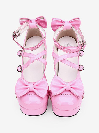 Blu navy Lolita Pony grosso tacchi scarpe piattaforma caviglia cinghie archi fibbie di forma del cuore