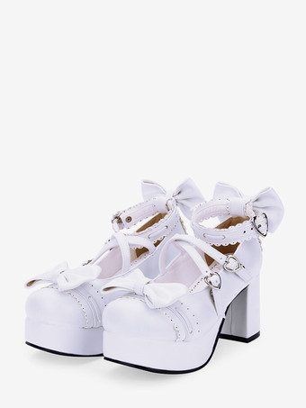 Bianco Blu navy Lolita Pony grosso tacchi scarpe piattaforma caviglia cinghie archi fibbie di forma del cuore