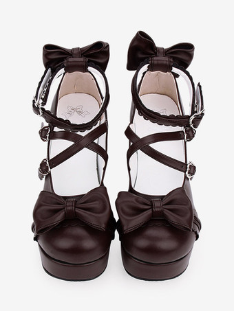 Blu navy Lolita Pony grosso tacchi scarpe piattaforma caviglia cinghie archi fibbie di forma del cuore