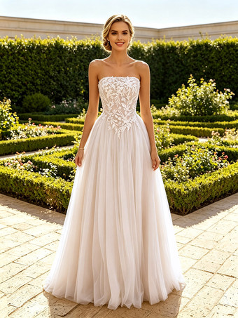 WeißBrautkleider mit baskischer Taille trägerlos ärmellos bodenlang aus Tüll