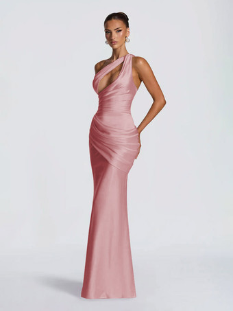 RoseRobe de soirée plissée longue en satin soyeux à encolure travaillée et élastique idéale pour les fêtes formelles.