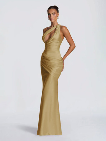 Or Robe de soirée plissée longue en satin soyeux à encolure travaillée et élastique idéale pour les fêtes formelles.