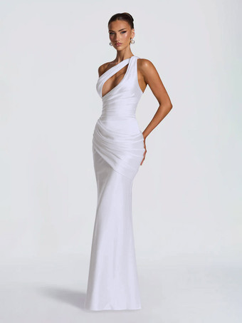 Blanc Robe de soirée plissée longue en satin soyeux à encolure travaillée et élastique idéale pour les fêtes formelles.