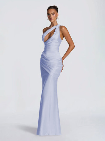 Bleu ClairRobe de soirée plissée longue en satin soyeux à encolure travaillée et élastique idéale pour les fêtes formelles.