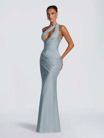 bleu-gris Robe de soirée plissée longue en satin soyeux à encolure travaillée et élastique idéale pour les fêtes formelles.