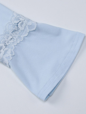 Top Blaues V-Ausschnitt-Top mit Spitzenbesatz langen Ärmeln kurzem Schnitt gestrickt Stretch Slim Fit Y2K Sexy Shirt