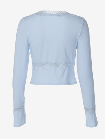 Top Blaues V-Ausschnitt-Top mit Spitzenbesatz langen Ärmeln kurzem Schnitt gestrickt Stretch Slim Fit Y2K Sexy Shirt