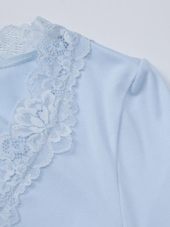 Top Blaues V-Ausschnitt-Top mit Spitzenbesatz langen Ärmeln kurzem Schnitt gestrickt Stretch Slim Fit Y2K Sexy Shirt