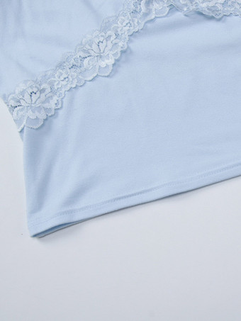 Top Blaues V-Ausschnitt-Top mit Spitzenbesatz langen Ärmeln kurzem Schnitt gestrickt Stretch Slim Fit Y2K Sexy Shirt