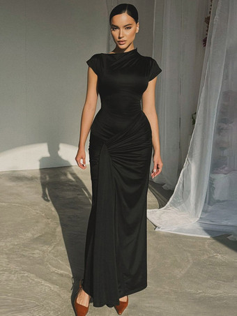SchwarzPartykleid Maxikleid Stehkragen kurze Ärmel Twist-Detail vorne tailliertes figurbetontes elegantes Kleid