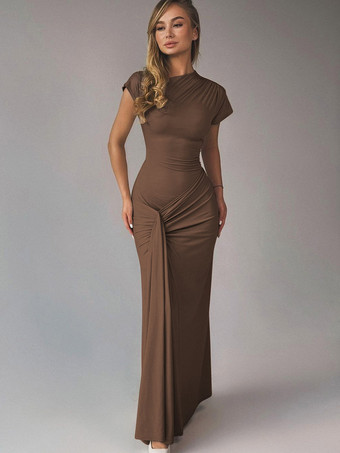Partykleid Maxikleid Stehkragen kurze Ärmel Twist-Detail vorne tailliertes figurbetontes elegantes Kleid