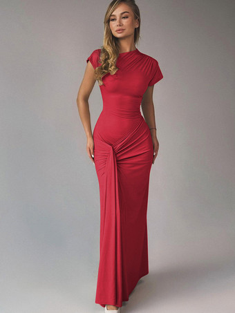 RotPartykleid Maxikleid Stehkragen kurze Ärmel Twist-Detail vorne tailliertes figurbetontes elegantes Kleid
