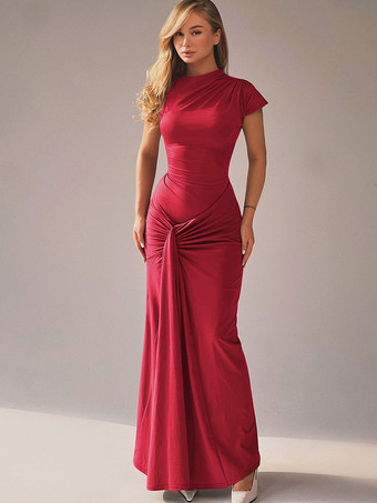 Partykleid Maxikleid Stehkragen kurze Ärmel Twist-Detail vorne tailliertes figurbetontes elegantes Kleid