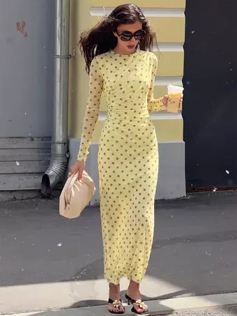 bodycon vacation dress Dresses Maxi Dresses Ellow Polka Dot Mesh Sheer Round Neck Long Sleeve Size:S/10 - (UK 10/US 6/EU 38) date nights Aegean Blue Dress - Ships in 6-8 weeks