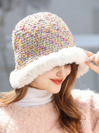 Bunte Tweed-Hut-Bucket-Mütze mit Kunstpelzbesatz und Plüschbesatz – warm gemütlich und süß für den Winter.
