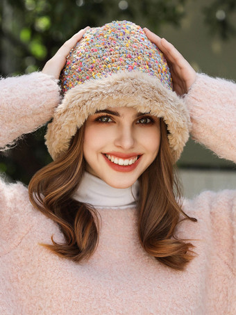 Bunte Tweed-Hut-Bucket-Mütze mit Kunstpelzbesatz und Plüschbesatz – warm gemütlich und süß für den Winter.