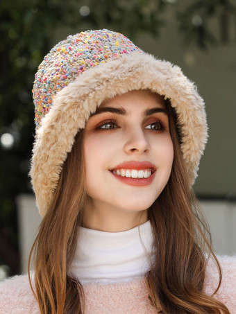 Bunte Tweed-Hut-Bucket-Mütze mit Kunstpelzbesatz und Plüschbesatz – warm gemütlich und süß für den Winter.
