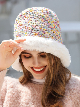 Bunte Tweed-Hut-Bucket-Mütze mit Kunstpelzbesatz und Plüschbesatz – warm gemütlich und süß für den Winter.