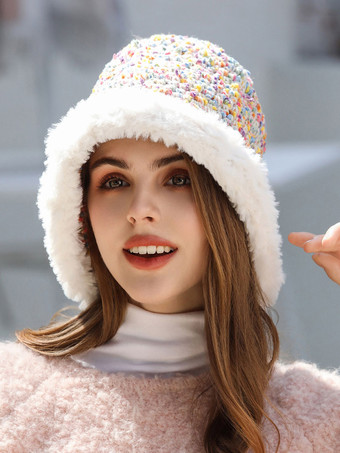 Bunte Tweed-Hut-Bucket-Mütze mit Kunstpelzbesatz und Plüschbesatz – warm gemütlich und süß für den Winter.
