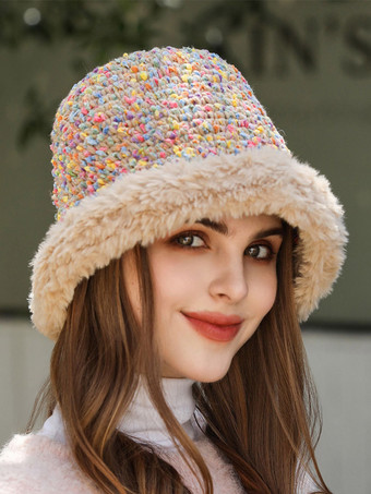 Bunte Tweed-Hut-Bucket-Mütze mit Kunstpelzbesatz und Plüschbesatz – warm gemütlich und süß für den Winter.