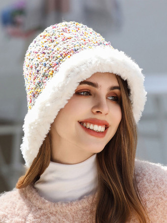 WeißBunte Tweed-Hut-Bucket-Mütze mit Kunstpelzbesatz und Plüschbesatz – warm gemütlich und süß für den Winter.