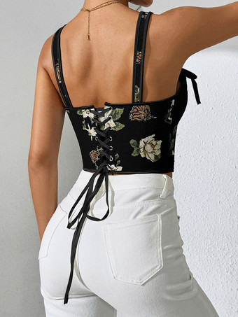 Korsett-Crop-Top mit Blumen- und Schmetterlingsmuster Schleifenriemen Schnürung am Rücken und Stäbchen
