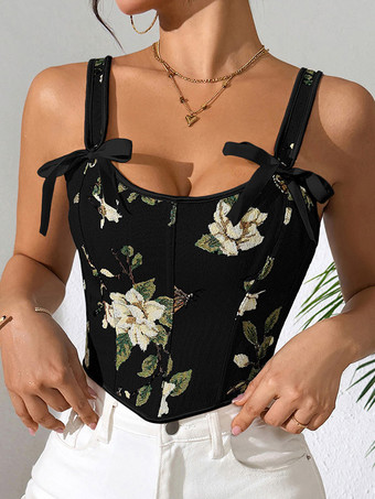 Korsett-Crop-Top mit Blumen- und Schmetterlingsmuster Schleifenriemen Schnürung am Rücken und Stäbchen