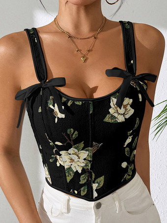 SchwarzKorsett-Crop-Top mit Blumen- und Schmetterlingsmuster Schleifenriemen Schnürung am Rücken und Stäbchen