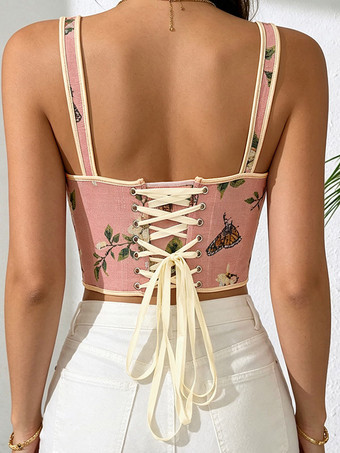Korsett-Crop-Top mit Blumen- und Schmetterlingsmuster Schleifenriemen Schnürung am Rücken und Stäbchen