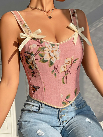 Korsett-Crop-Top mit Blumen- und Schmetterlingsmuster Schleifenriemen Schnürung am Rücken und Stäbchen