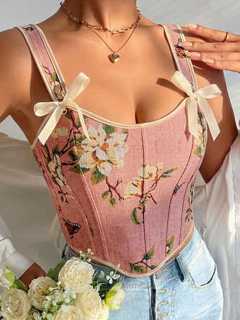 RosaKorsett-Crop-Top mit Blumen- und Schmetterlingsmuster Schleifenriemen Schnürung am Rücken und Stäbchen