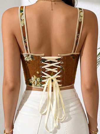 Korsett-Crop-Top mit Blumen- und Schmetterlingsmuster Schleifenriemen Schnürung am Rücken und Stäbchen