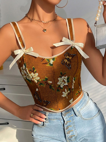 Korsett-Crop-Top mit Blumen- und Schmetterlingsmuster Schleifenriemen Schnürung am Rücken und Stäbchen