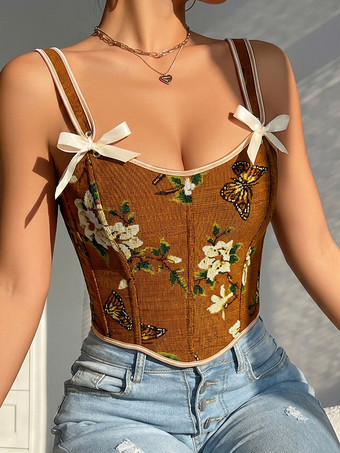 Braun      Korsett-Crop-Top mit Blumen- und Schmetterlingsmuster Schleifenriemen Schnürung am Rücken und Stäbchen