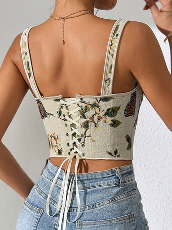 Korsett-Crop-Top mit Blumen- und Schmetterlingsmuster Schleifenriemen Schnürung am Rücken und Stäbchen