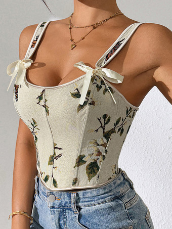 Korsett-Crop-Top mit Blumen- und Schmetterlingsmuster Schleifenriemen Schnürung am Rücken und Stäbchen