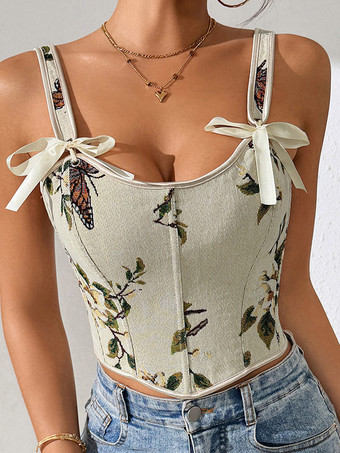 Korsett-Crop-Top mit Blumen- und Schmetterlingsmuster Schleifenriemen Schnürung am Rücken und Stäbchen