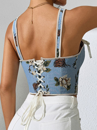 Korsett-Crop-Top mit Blumen- und Schmetterlingsmuster Schleifenriemen Schnürung am Rücken und Stäbchen