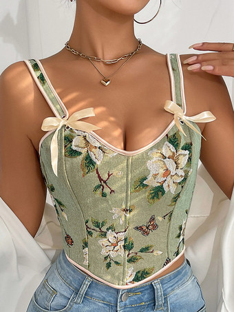 DunkelgrünKorsett-Crop-Top mit Blumen- und Schmetterlingsmuster Schleifenriemen Schnürung am Rücken und Stäbchen