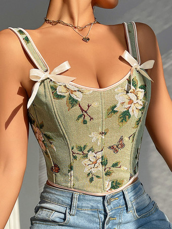 Korsett-Crop-Top mit Blumen- und Schmetterlingsmuster Schleifenriemen Schnürung am Rücken und Stäbchen