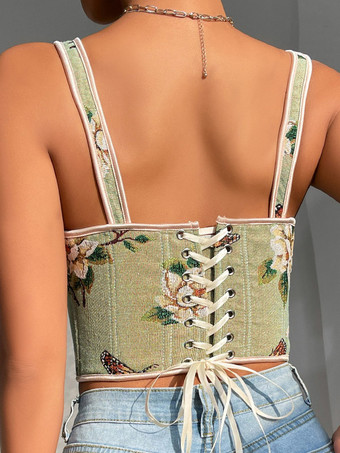 Korsett-Crop-Top mit Blumen- und Schmetterlingsmuster Schleifenriemen Schnürung am Rücken und Stäbchen