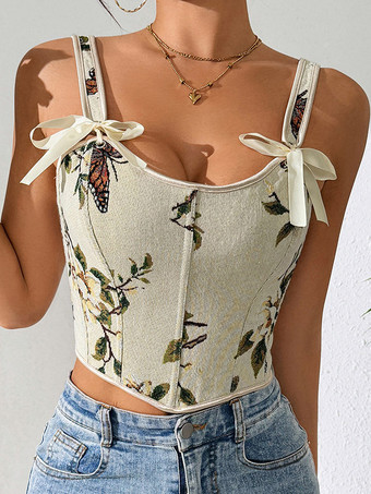 Aprikose  Korsett-Crop-Top mit Blumen- und Schmetterlingsmuster Schleifenriemen Schnürung am Rücken und Stäbchen