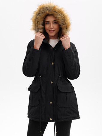 ブラック フード付きフェイクファートリムフリース裏地付きウエスト絞りミディ丈パーカーレディース冬用ジャケット