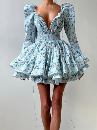 Alltagskleider Minikleider Blau Langarmkleid mit eckigem Ausschnitt und hochgezogener Taille