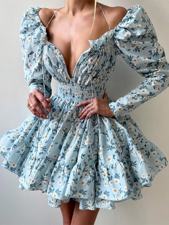 Alltagskleider Minikleider Blau Langarmkleid mit eckigem Ausschnitt und hochgezogener Taille