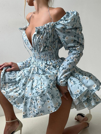 Alltagskleider Minikleider Blau Langarmkleid mit eckigem Ausschnitt und hochgezogener Taille