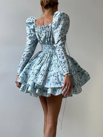 Alltagskleider Minikleider Blau Langarmkleid mit eckigem Ausschnitt und hochgezogener Taille